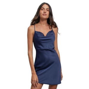 Urban Outfitters Mallory Navy Blue Satin Cowl Neck Slip Mini Dress Size Medium